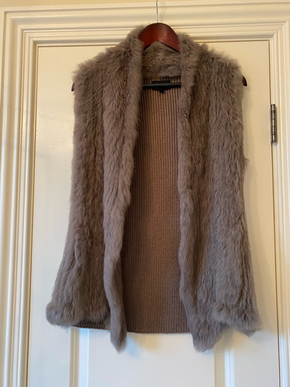 Women’s June Angora Open Front Vest in Taupe. Small